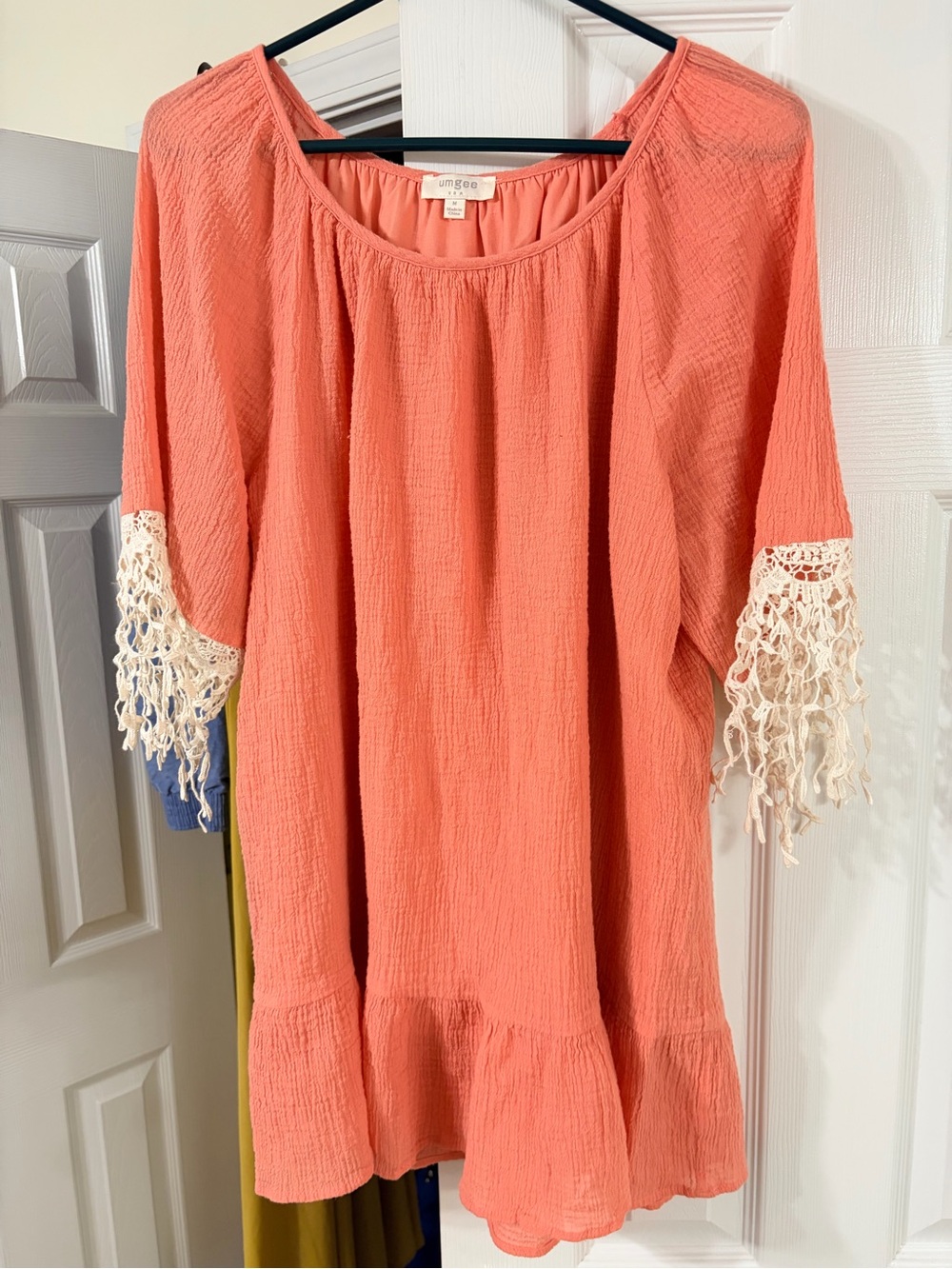 Umgee Coral Boho Gauze Crochet Fringe Sleeve Tunic Dress M